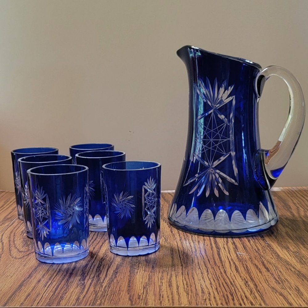 Vintage Colbalt Blue Etched Pitcher with Six Glasses